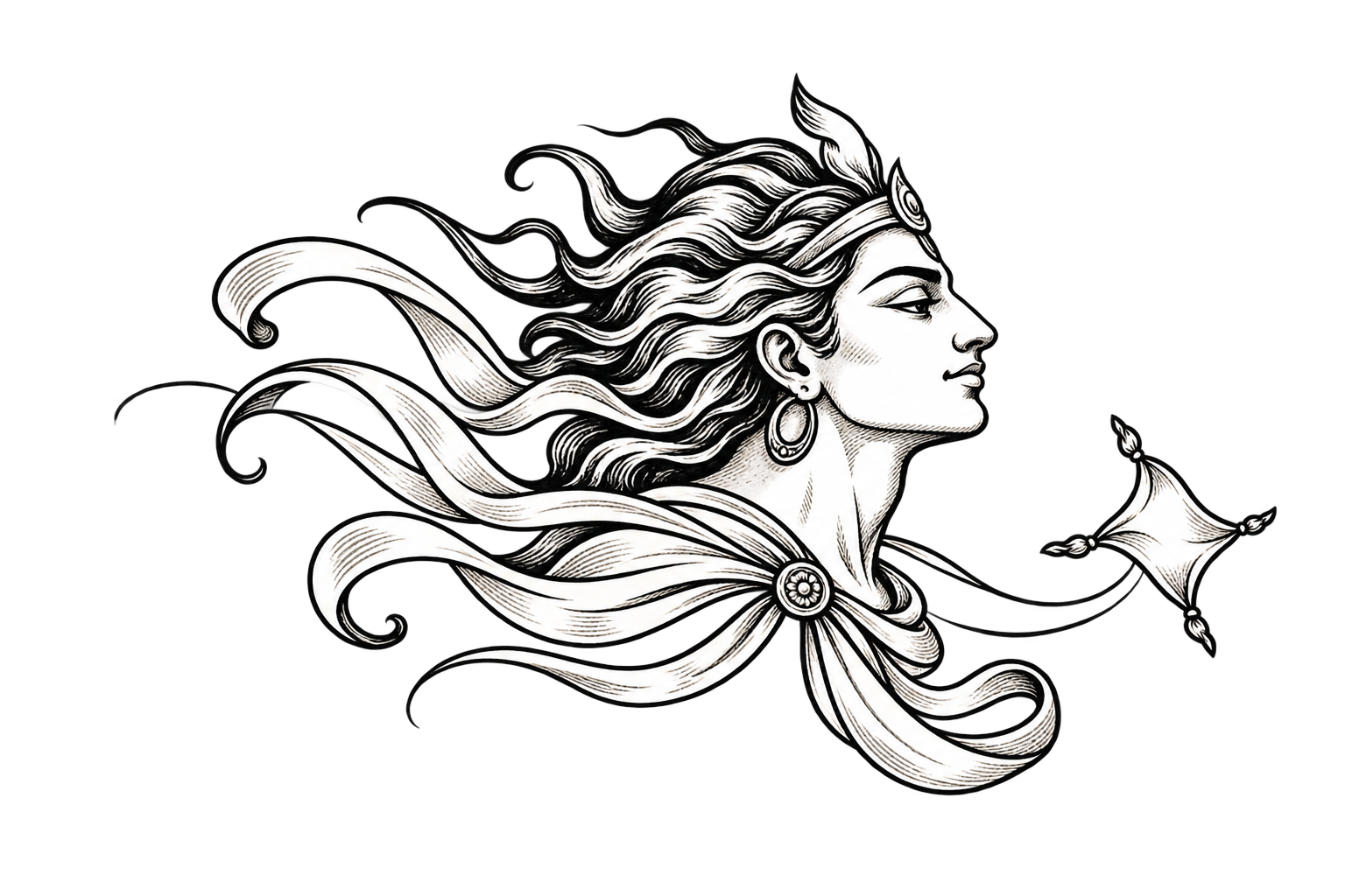 Ink drawing of Vayu, with flowing wind ribbons