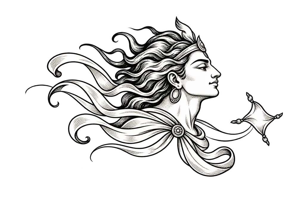 Ink drawing of Vayu, with flowing wind ribbons