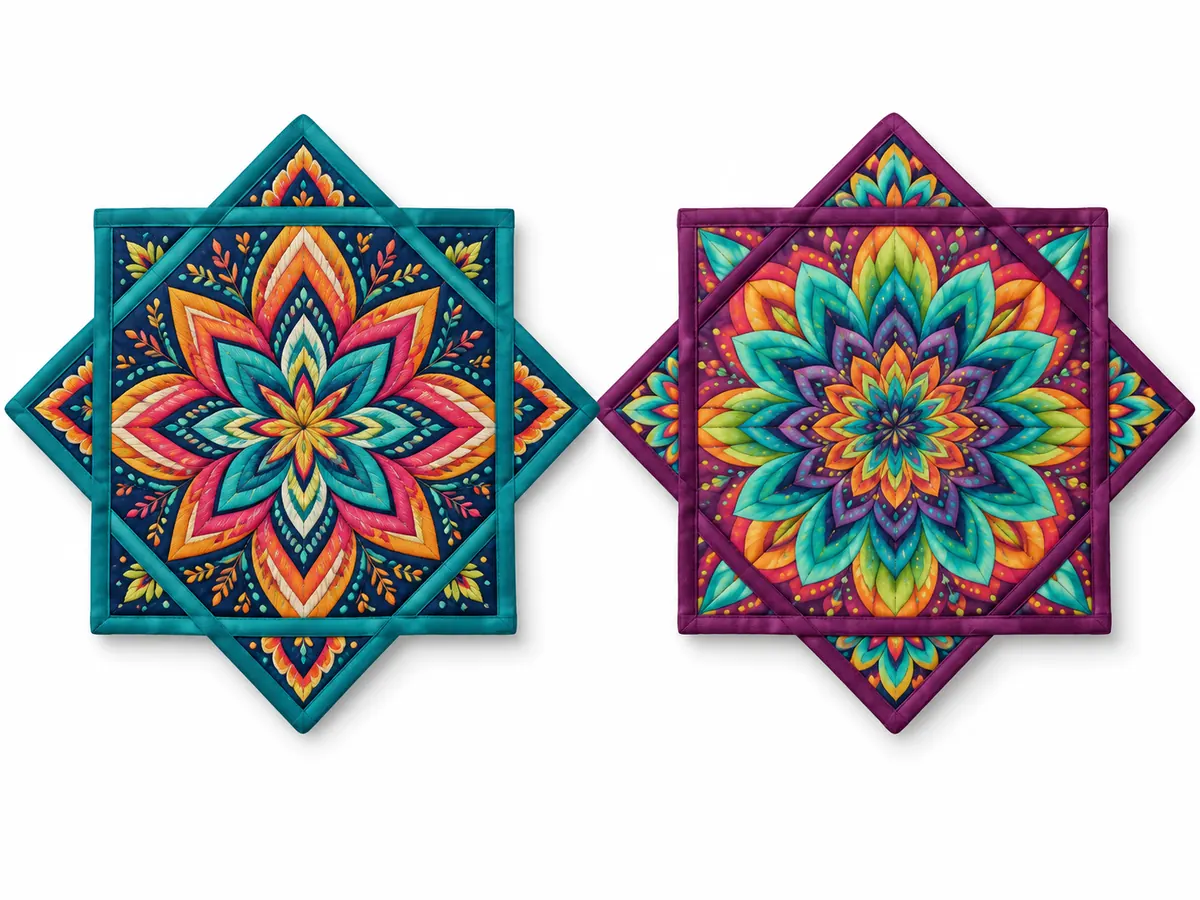 Two colorful reversible VAYUTA square spinning cloths with four triangular tabs